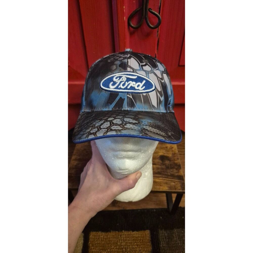 Ford Snapback Hat Blue Snake Print Curved Bill Raised Patch Blue Green Gray EUC